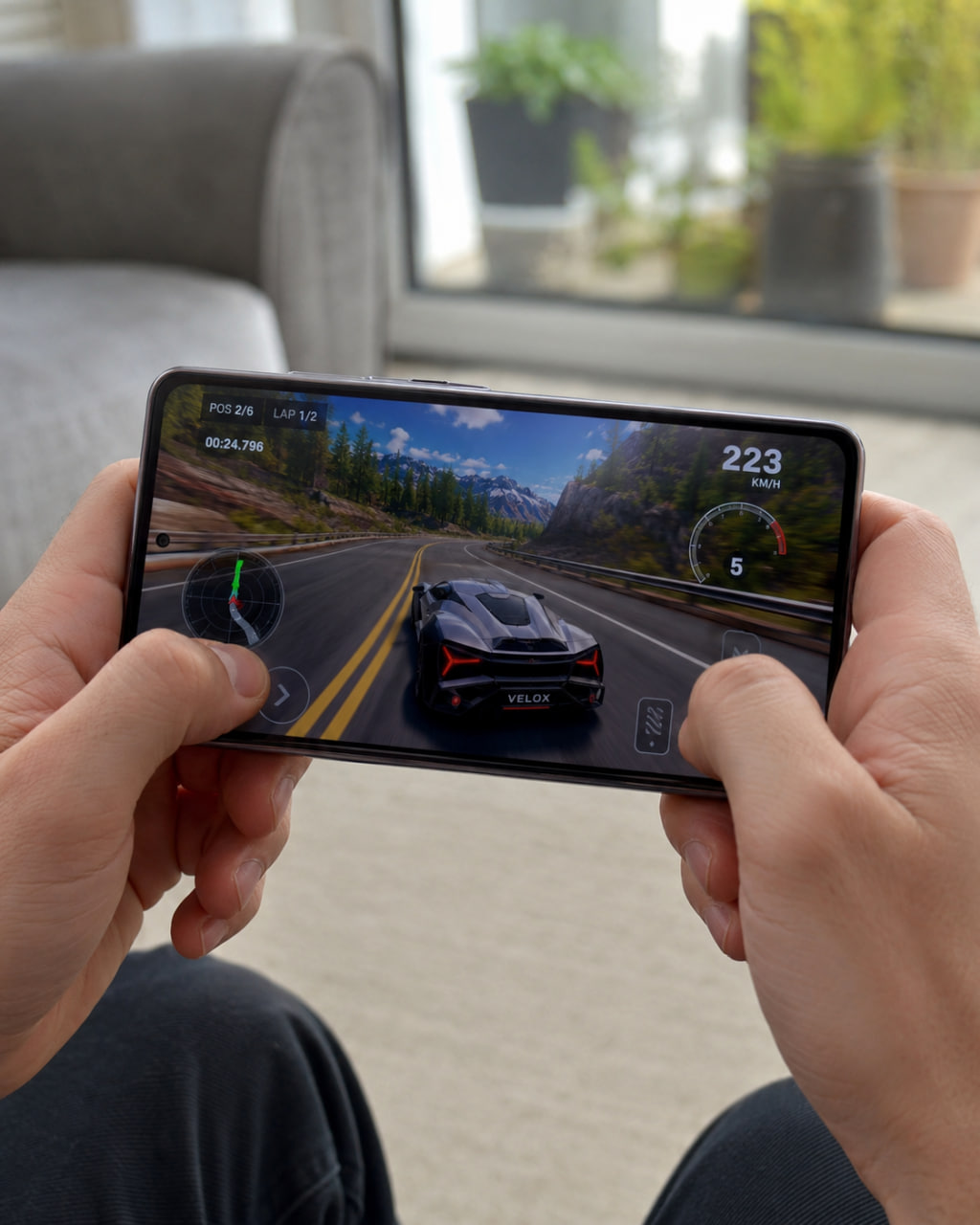 Smartphone showing a colourful mobile game at the CrownTurboWorks exhibition